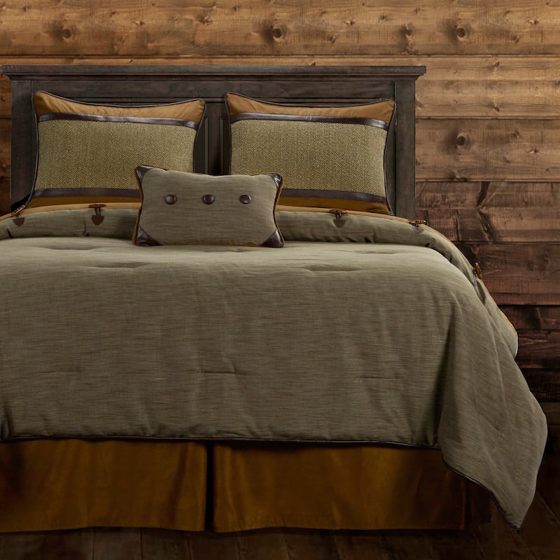 Paseo Road Highland Lodge Olive Brown Rustic Bedding 5 Piece Comforter Set with Bed Skirt, Shams, & Accent Pillow