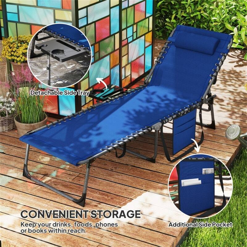 Adjustable Reclining Sun Lounger with Side Tray Pocket and Padded Head Pillow Foldable Steel Frame Oxford Fabric