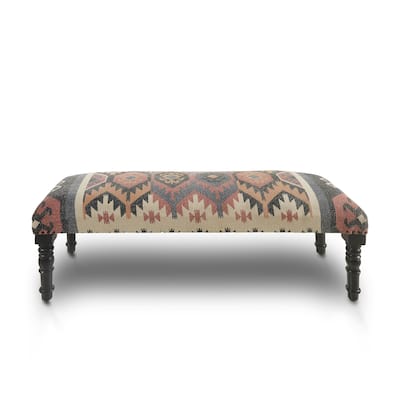 HomeRoots 47" Beige Brown and Rust and Black Jute and Wool Blend Upholstered Southwest Distressed Bench - 47 x 18 x 16