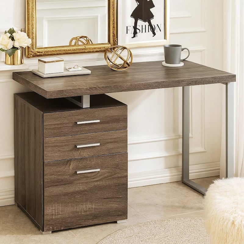 Wooden and Metal Office Desk with Storage Unit, Brown and Silver