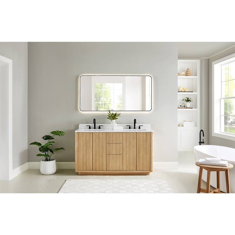 Clayton Bathroom Vanity in Washed Light Brown with Grain White Engineered Stone Countertop without Mirror