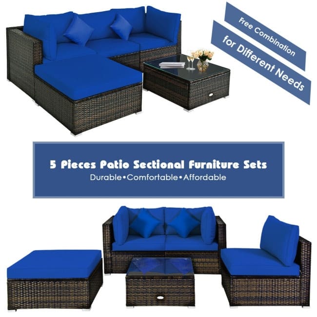 5 Pcs Outdoor Patio Rattan Furniture Set Sectional Conversation with Cushions - 29.5'' x 29.5'' x 25.5'' (L x W xH)