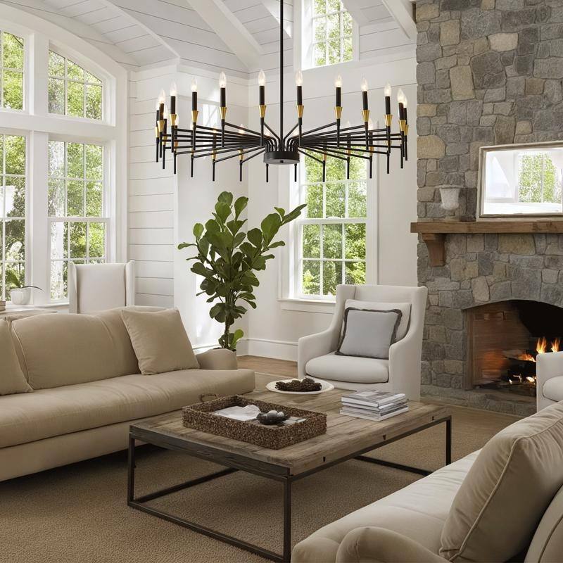 Black & Gold Modern Farmhouse Chandelier Rustic Ceiling Light Dimmable E12 Candle-Style Pendant Lighting Fixture