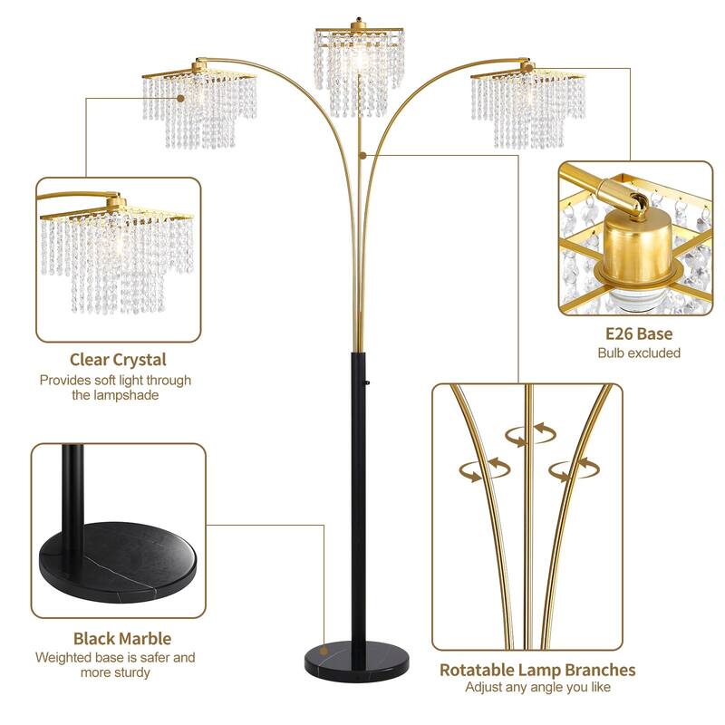 Brio 90" 3-Light Modern Gold Crystal Arc Floor Lamp - 85
