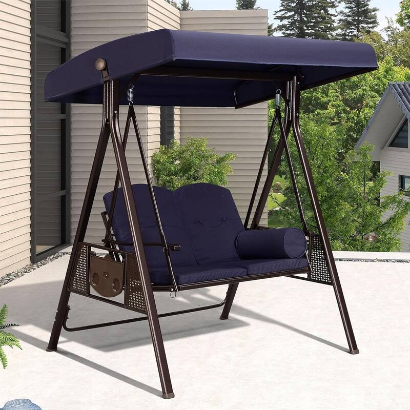 PURPLE LEAF Deluxe Outdoor Patio Porch Swing with Weather Resistant Steel Frame, Cushions and Pillow Included - 2 Seat - Navy Blue