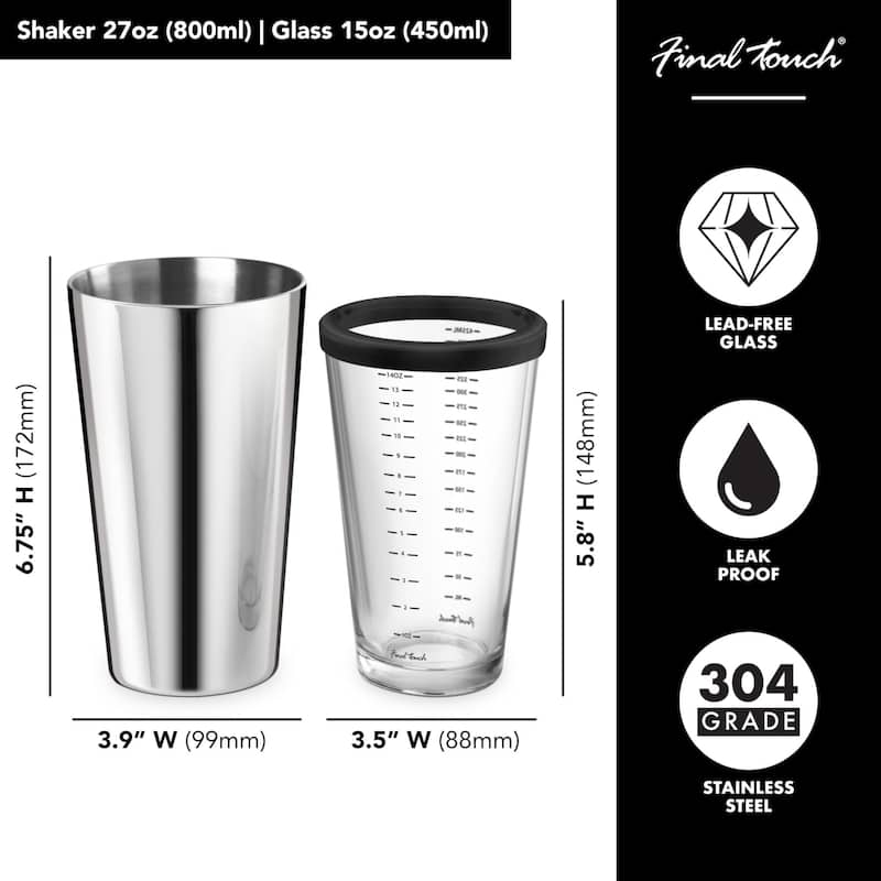 Final Touch Boston Shaker with Silicone Seal and Measurements - Glass - 15 oz - shaker - 27 oz