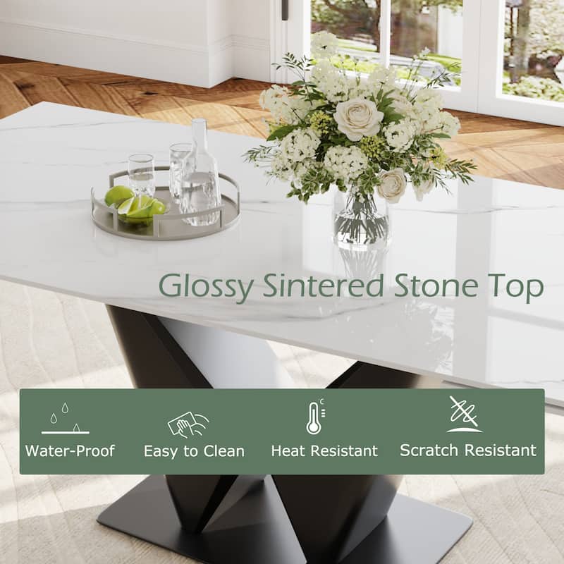 63-95" Modern Extendable Dining Table,White Glossy Sintered Stone Table top, Black Carbon Steel Base for 4-10