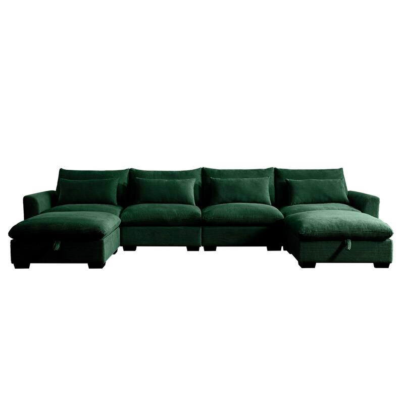 Corduroy Reversible Modular Sectional Sofa with 2 Storage Ottomans and 4 Waist Pillows