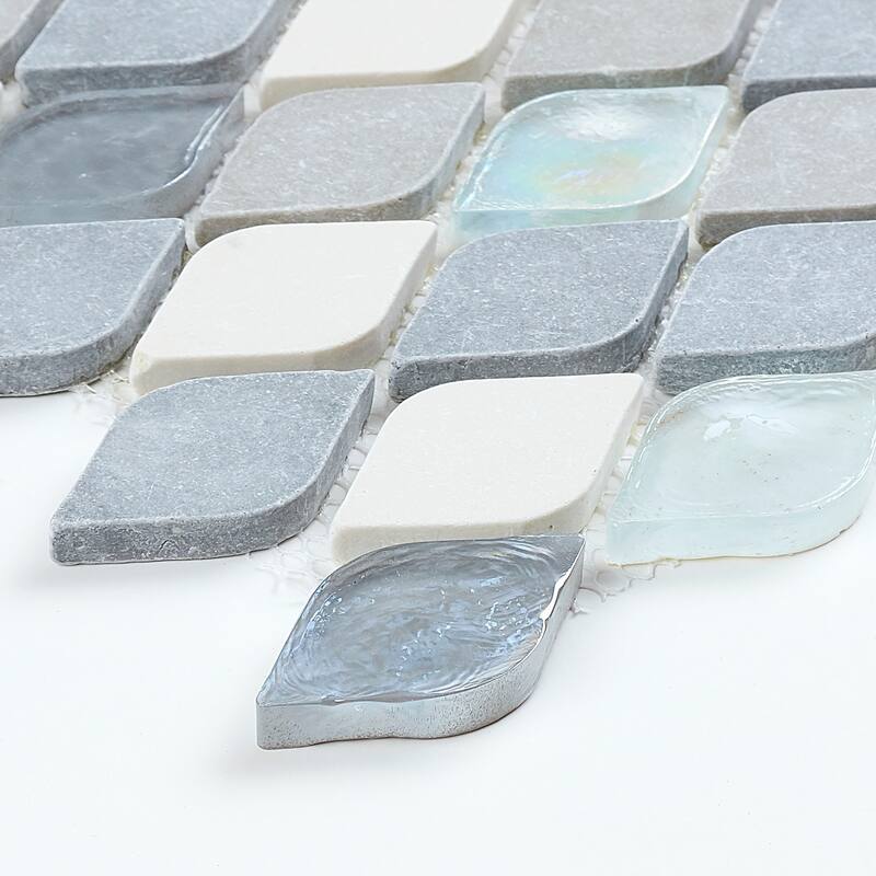 Decorative Accent Rain Drop Stone and Glass Mosaic Tile in Gris et Blanc - 12x13