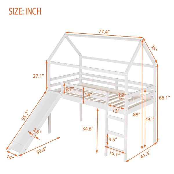 Twin Size House Loft Bed with Slide, White