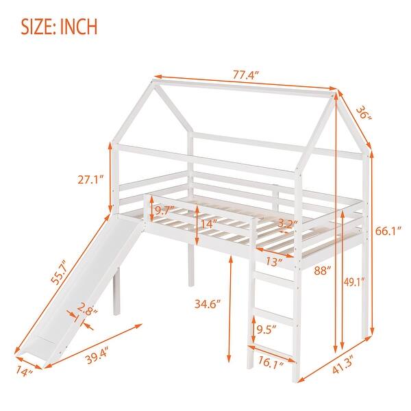 Twin Size Wood Frame House-shaped Loft Bed with Slide, White