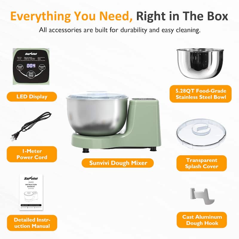 5.3QT Electric Dough Maker with Ferment Function, 5.3QT Dough Mixer - 0.6” L x 9.6” W x 9.7” H