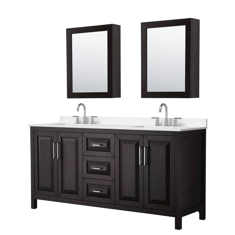 Daria 72-inch Double Vanity, 3 Hole Quartz Top, Med Cabinets - Dark Espresso, Chrome Trim, White Quartz Top