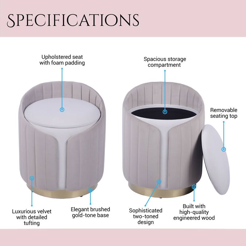 Modern Designs Elegant Vanity Plush Velvet Ottoman Stool with Storage - Taupe