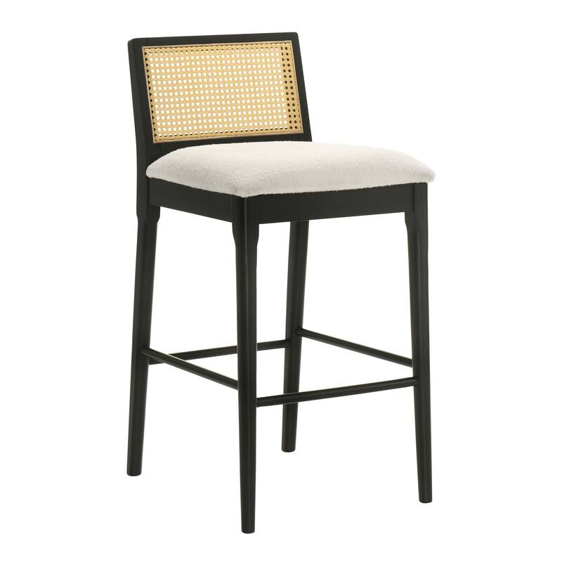 Tobias Rattan and Wood Bar Stool, Counter Height Kitchen Stool with White Boucle Fabric Upholstered Seat