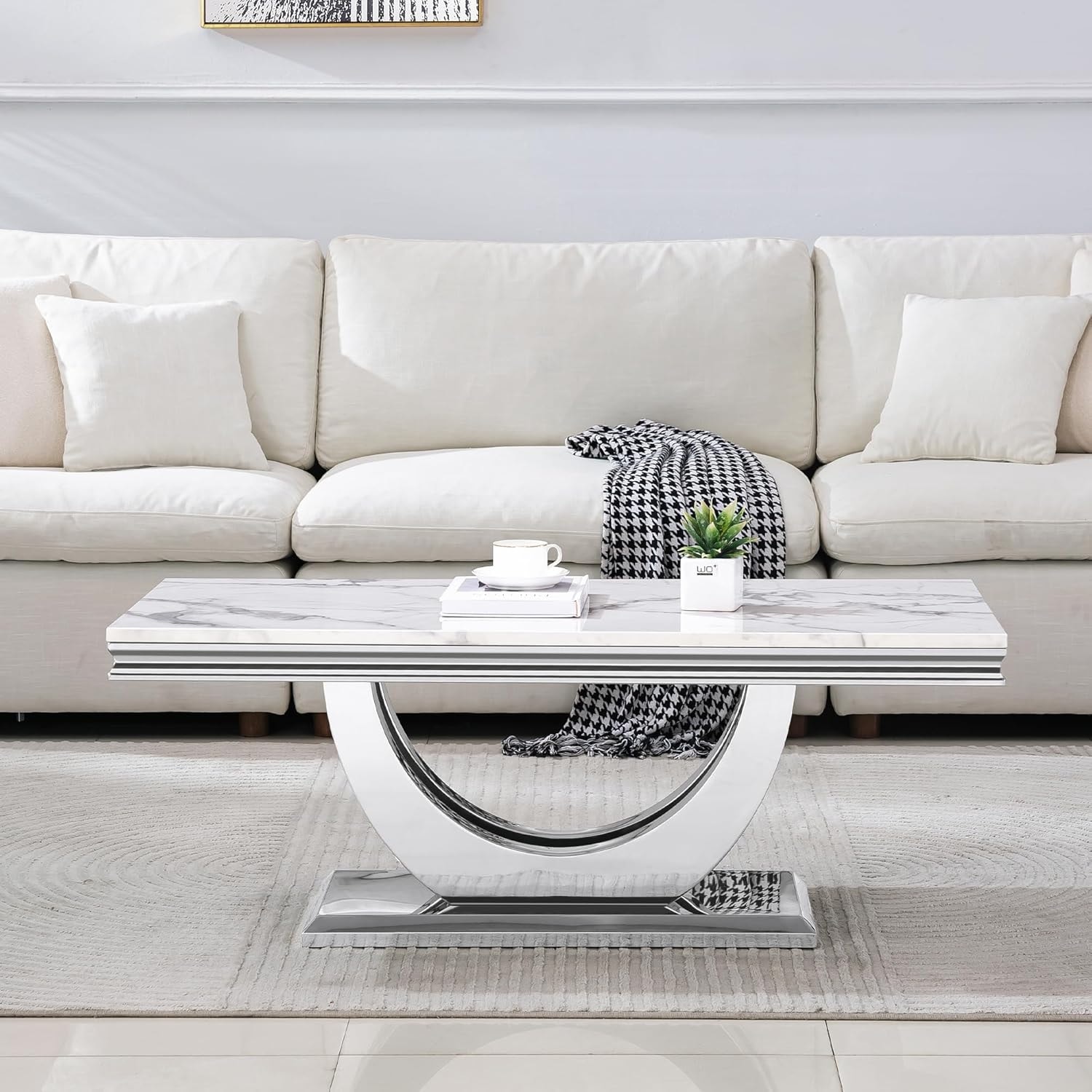 Rectangular Silver Faux Marble Coffee Table with U-Shape Stainless Steel Base for Living Room