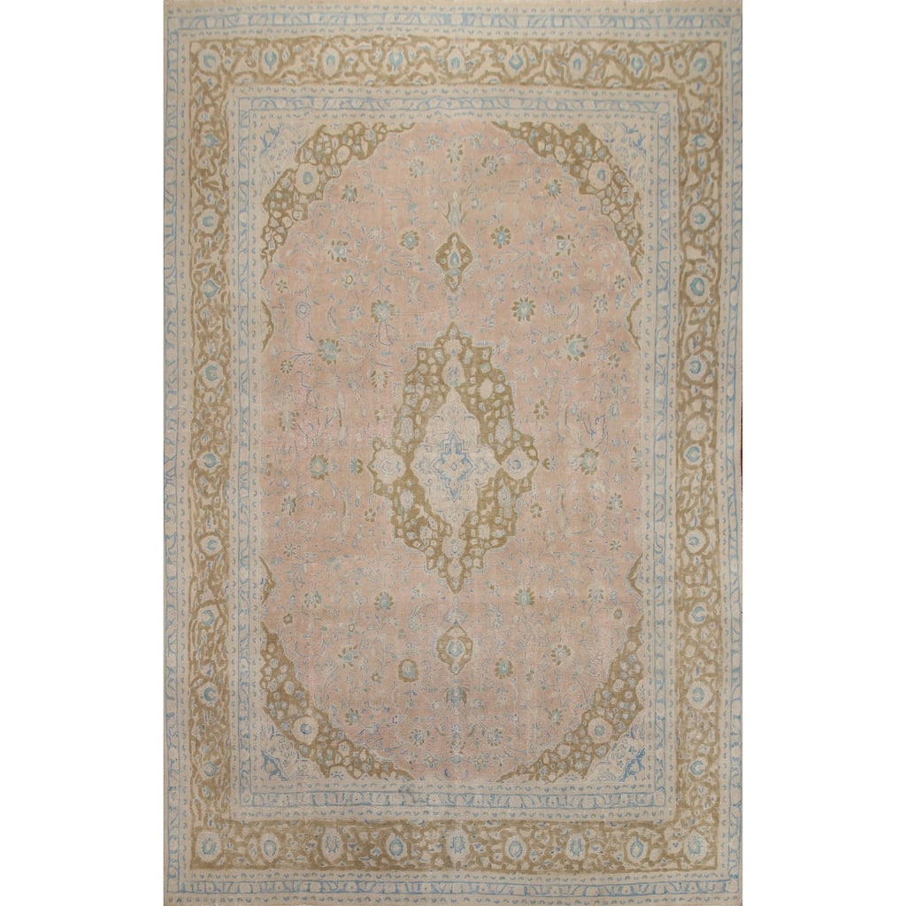 Hand Knotted Oriental 100% Wool Carpet Traditional Floral Pink Mashad Area Rug - 12' 9'' X 9' 5''