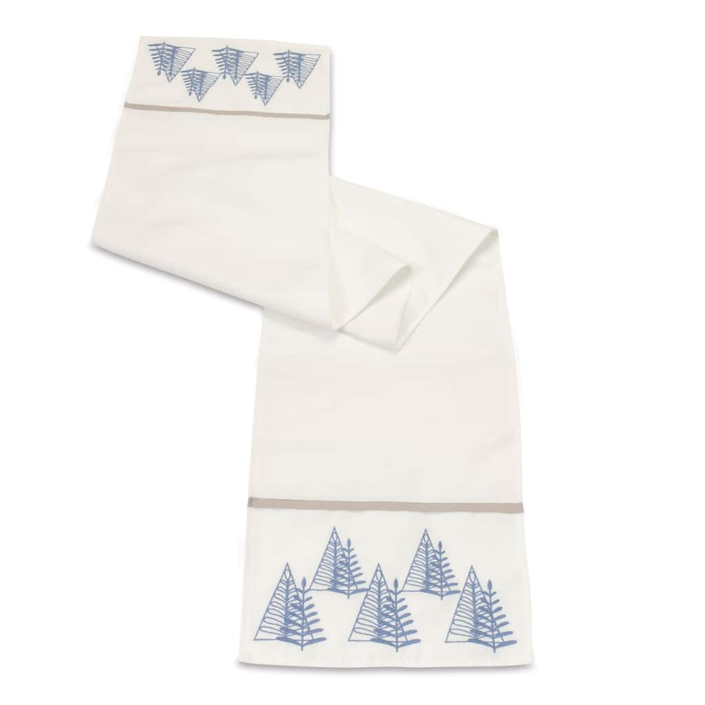72" White Embroidered Pine Tree Christmas Table Runner