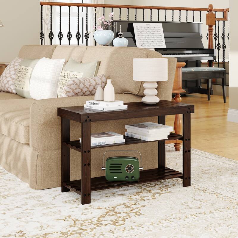 Bamboo Shoe Bench,3-Tier Shoe Rack,Entryway Bench with Cushion and Adjustable Shelves,Shoe Rack for Entryway,Living Room