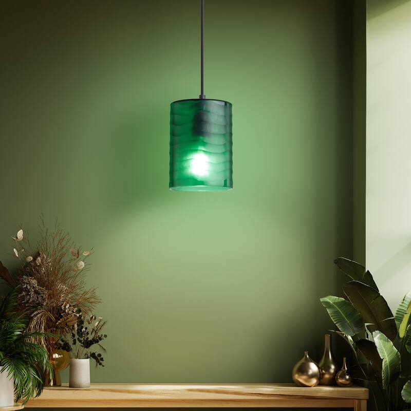 Sydney River of Goods Black Metal and Green Hand Blown Glass 5-Inch Pendant Light with Adjustable Hanging Cord - 5" x 5" x 62"