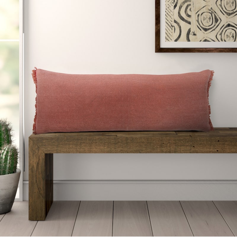 Sevita Light Pink Solid Stonewash Throw Pillow with Fringe - 14" x 36" - Polyester