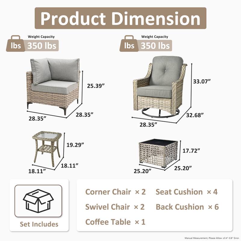 OVIOS 6 Pieces Outdoor Wicker Swivel Chair Set With Solar-Powered Coffee Table