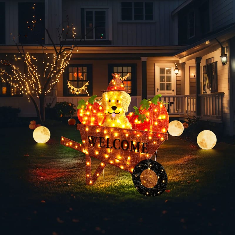 Glitzhome 3ft Lighted Fall Pumpkin Wheel Barrow with Labrador Outdoor Decor - 38.25"L x 0.5"W x 36.25"H