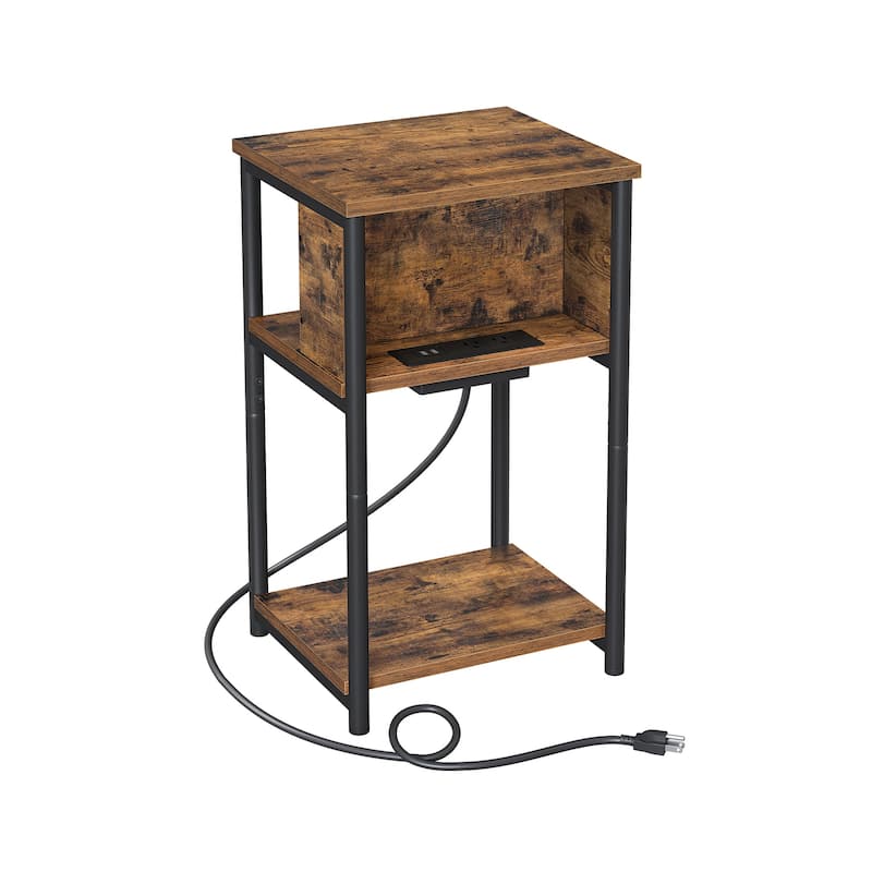 Side Table with Charging Station, 3-Tier End Table with USB Ports and Outlets, Nightstand for Living Room, Bedroom - Rustic Brown and Black