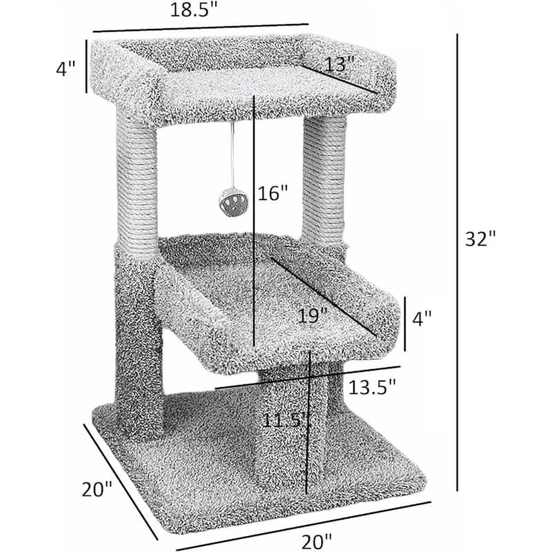 Large Play Cat Perch with Two Wide Platforms, Sisal Scratching Posts and Play Toy for Active Cats