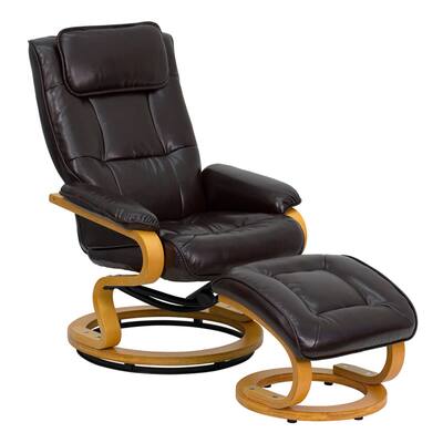 Leather Recliner and Ottoman with Swiveling Maple Wood Base