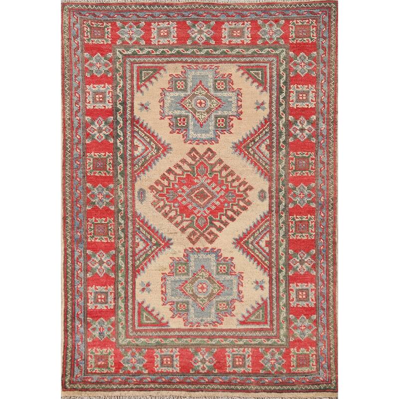 Geometric Kazak Accent Rug Handmade Oriental Beige Wool Carpet - 2'9"x 4'0"