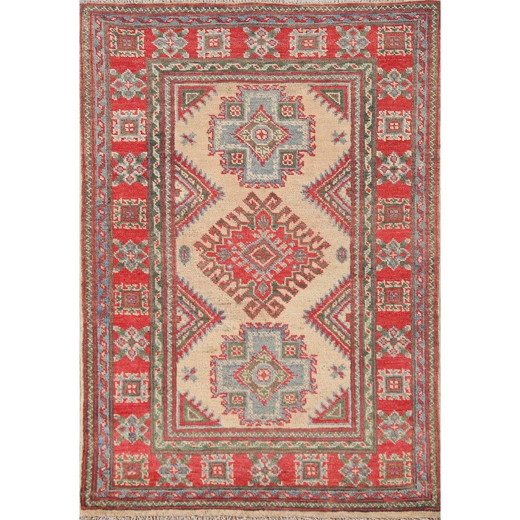 Geometric Kazak Accent Rug Handmade Oriental Beige Wool Carpet - 2'9"x 4'0"