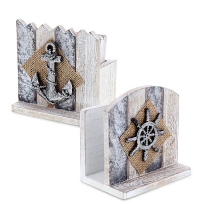 CoTa Global Silver Sea Nautical Wooden Napkin Holder and Coaster, 2 Pc - 4.8″Lx4.78″Wx3.2″H