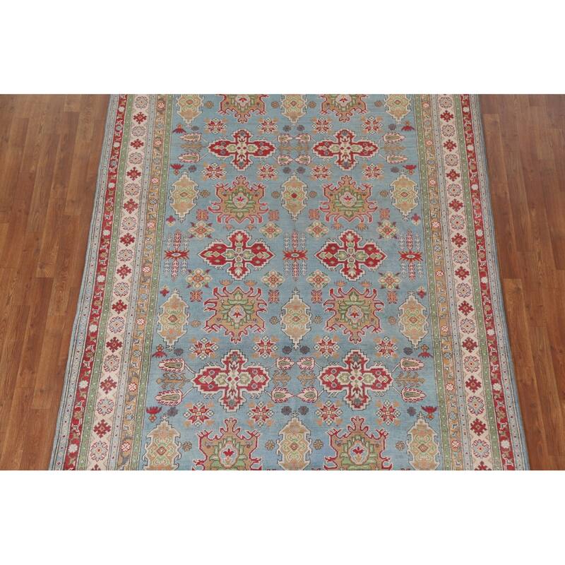 Hand Knotted Oriental 100% Wool Carpet Traditional All-Over Navy Blue & Blues Kazak Area Rug - 9' 8'' X 6' 6''