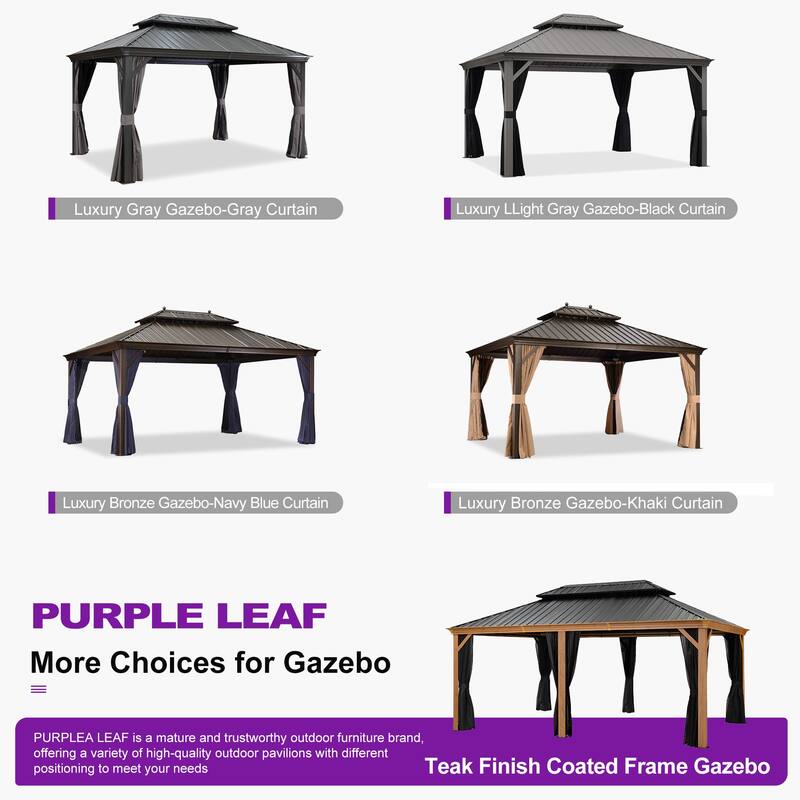 PURPLE LEAF 10x12 Outdoor Galvanized Steel Hardtop Gazebo, Aluminum Frame Gazebo With Curtains