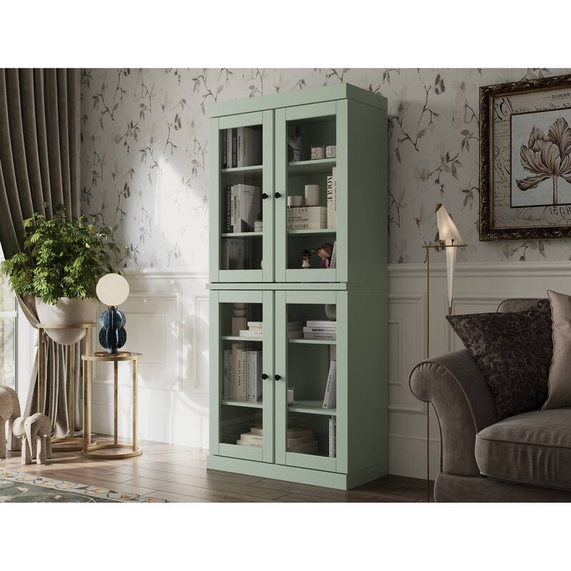 Palace Imports Solid Wood 6-Shelf Bookcase, Clear Glass Doors, Adjustable Shelves - Sage