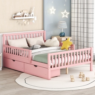 Full Size Kids Storage Bed Simple Platform Bed Wood Bed Frame with Sides Guardrails, 2 Storage Drawers, Pinewood Slat