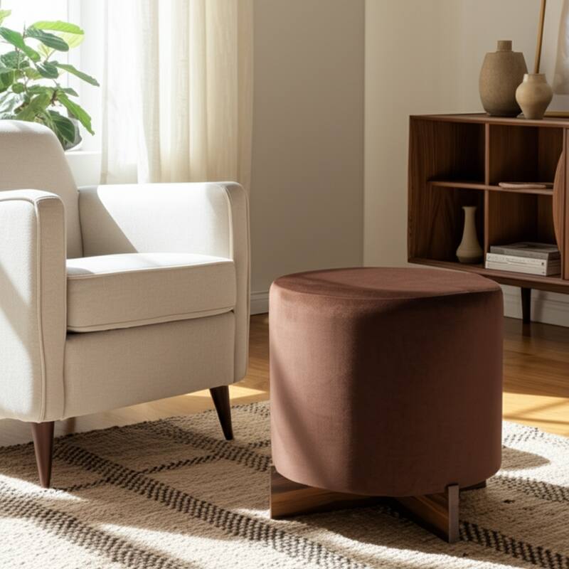 Velvet Ottoman with Wood Base Round Modern Casual Accent - 18" Brown