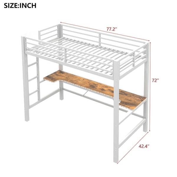 dimension image slide 0 of 4, Gaming Loft Bed with RGB LED Light & USB Charge Station, Metal Loft Bed Frame w/Built-in Desk & Full-Length Guardrails