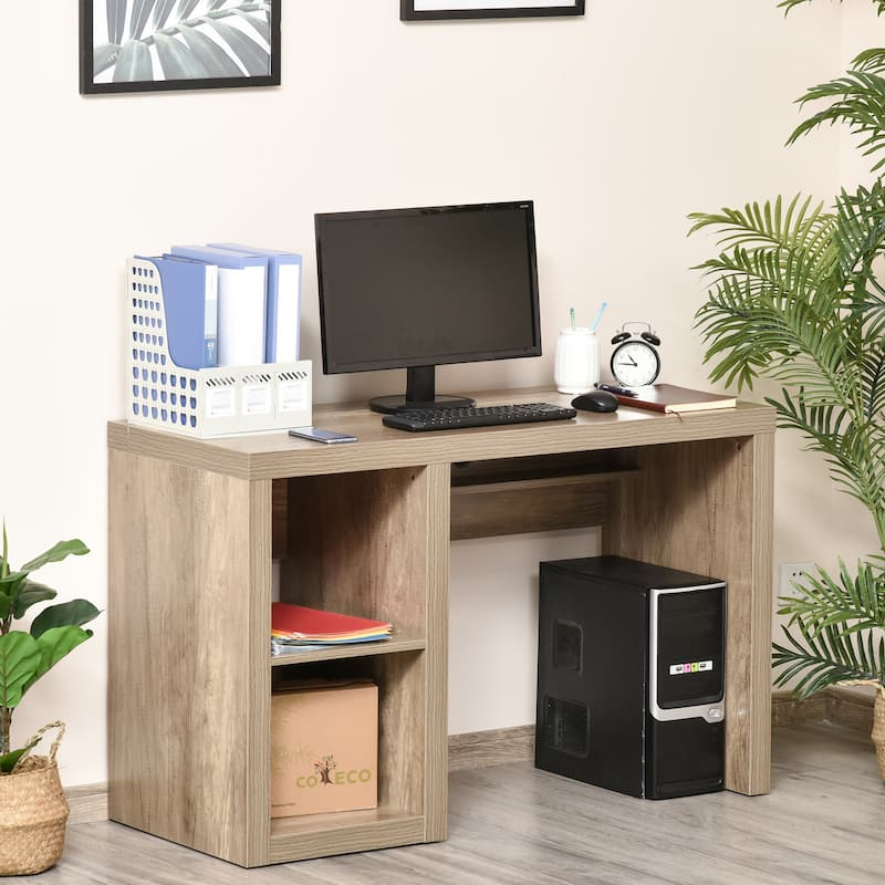 HOMCOM Rectangle Computer Desk with Thick Board and Display Shelves for Home Office Table Workstation - Natural - Wood Finish