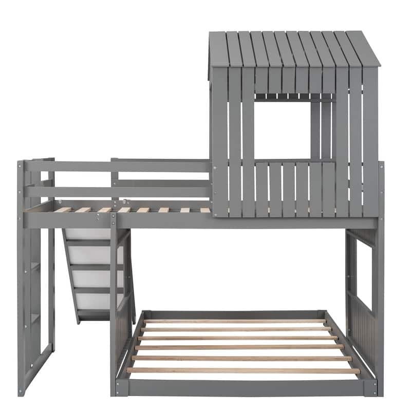 House Bunk Beds with Slide, Wood Twin Over Full Bunk Beds with Roof and Guard Rail for Kids, Toddlers