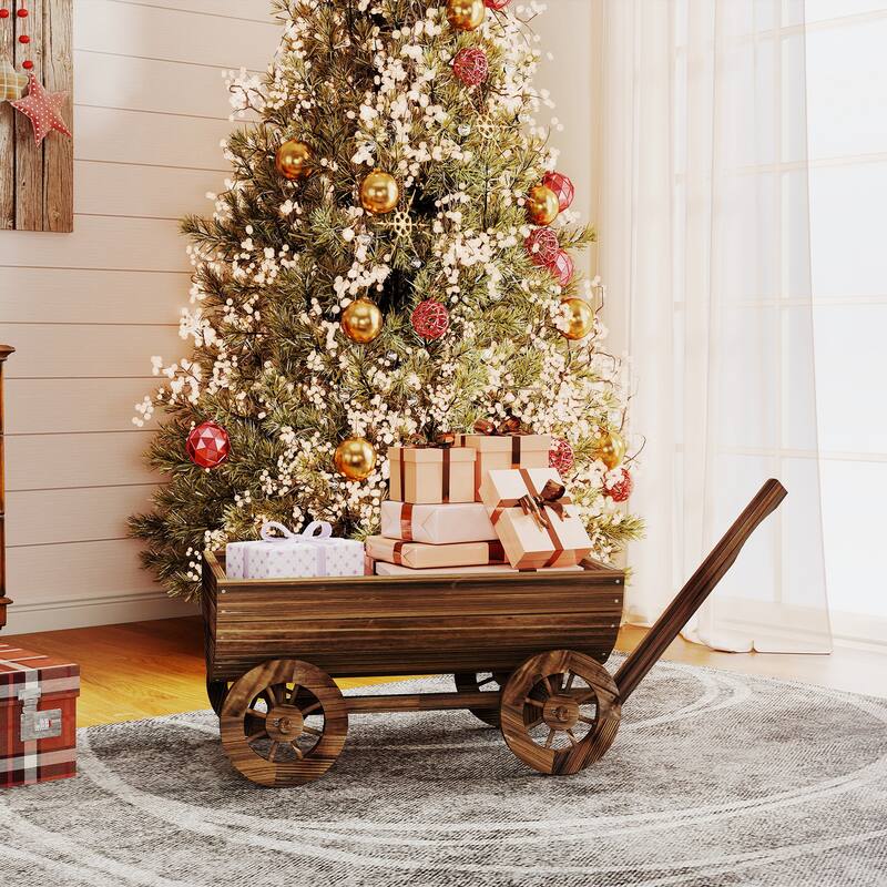 Outsunny Wooden Wagon Planter Box, Mobile Garden Planter with 4 Wheels and Handle, Small Wheelbarrow Wagon Flower Cart