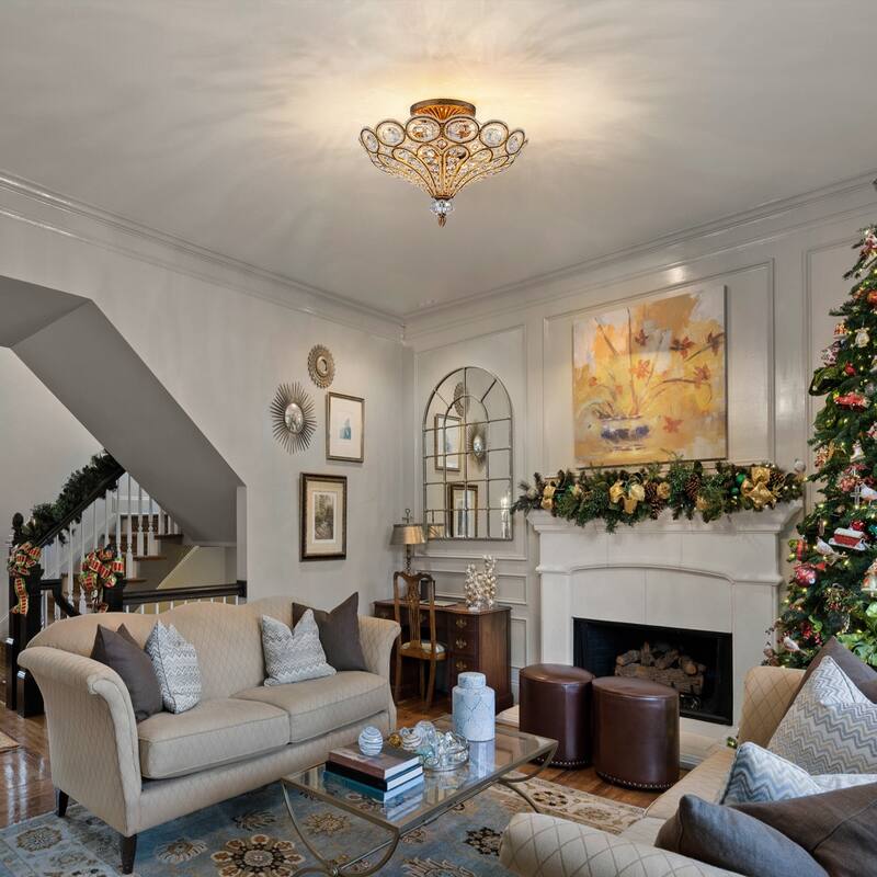 4-Light Glam Flush Mount Ceiling Light with Crystal Accents - Antique Gold