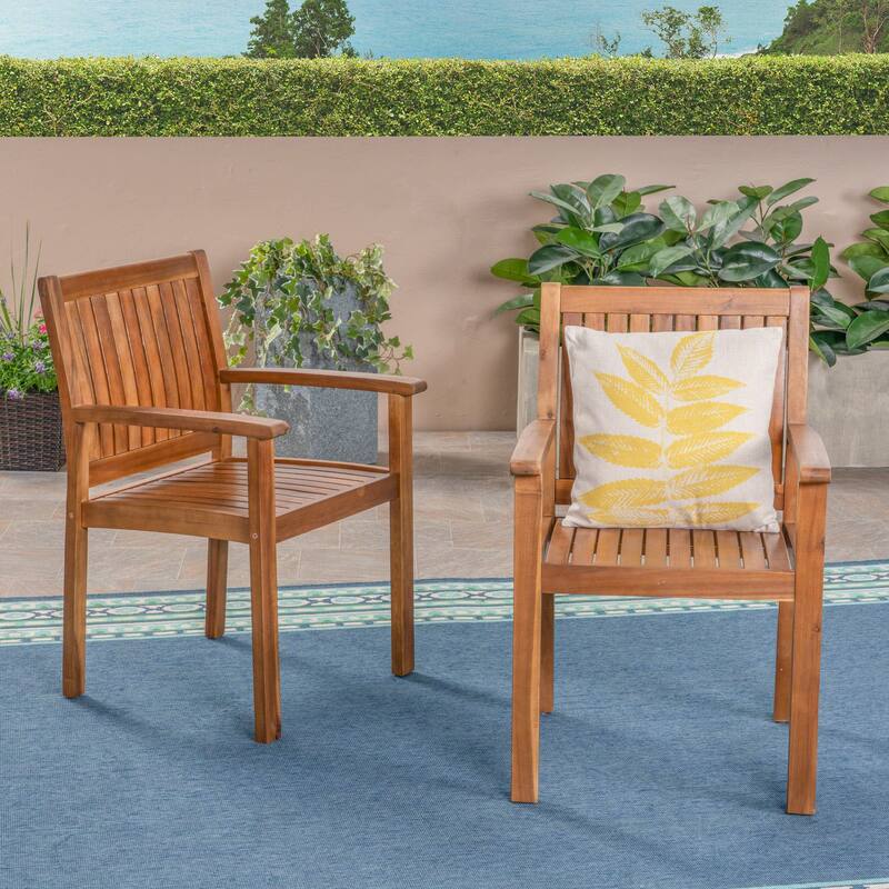Roomfitters Wilson Set of 2 Outdoor Dining Chairs, Rustic Solid Acacia Wood with Slat Paneling, Teak