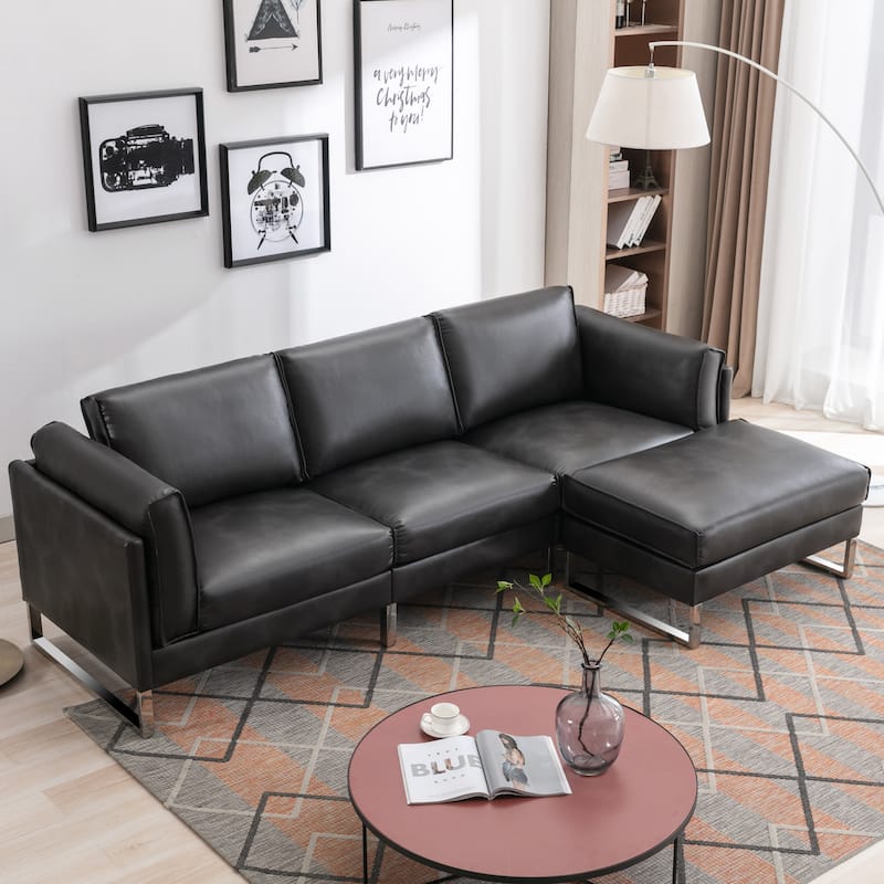 Morden Fort L-Shaped Sofa Sectional Faux Leather Couch for Living Room - Grey
