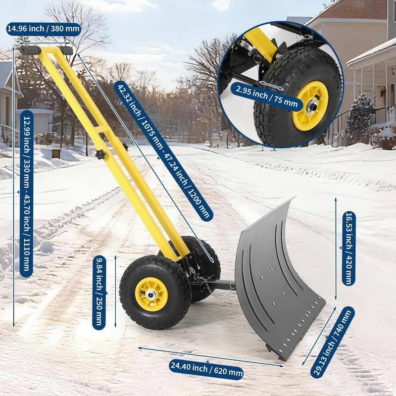 29.13x16.54 in Heavy Duty Rolling Snow Pusher Shovel for Driveway, Doorway, Sidewalk