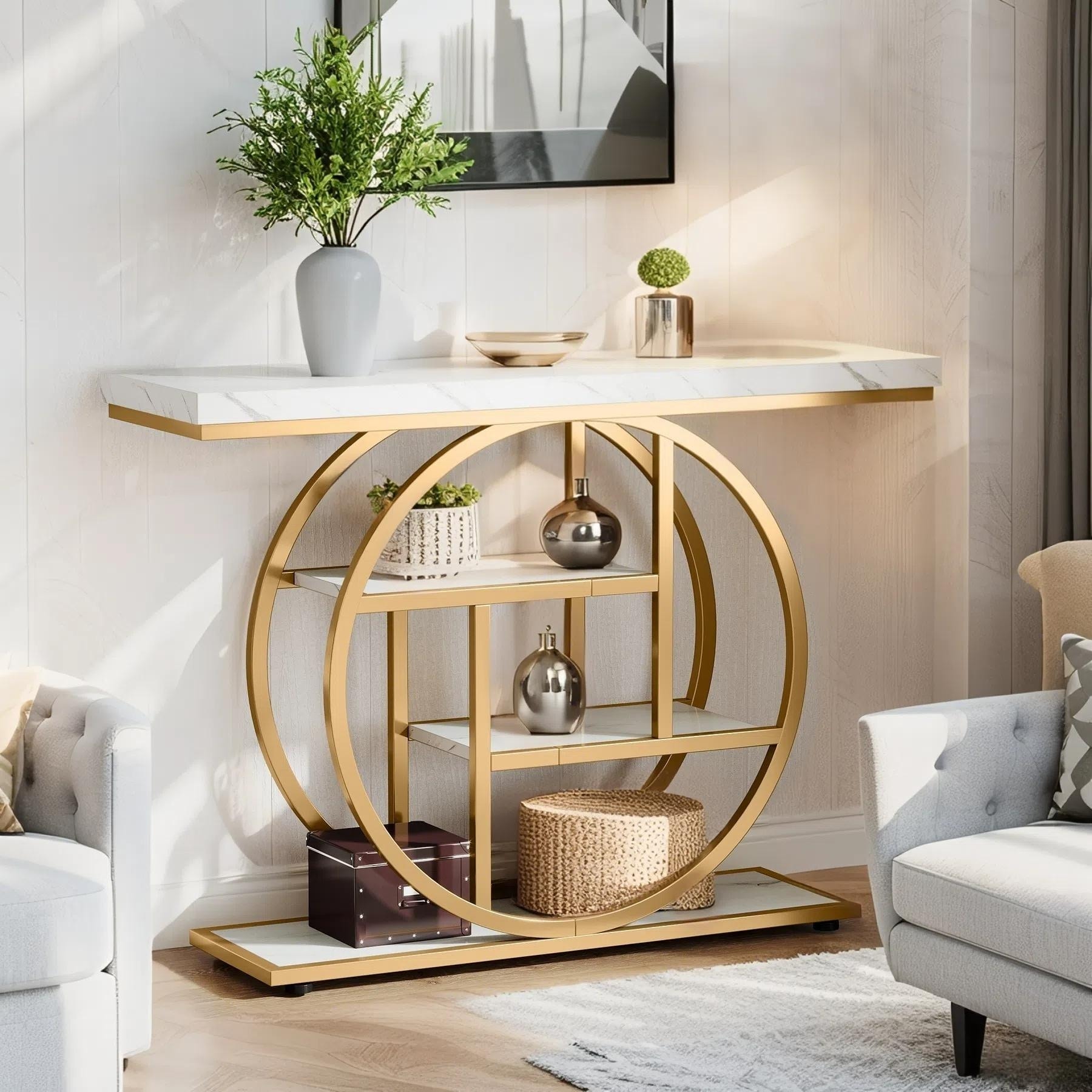 41.3" Industrial 4-Tier Console Table with Circle Base for Living Room, Hallway, Foyer