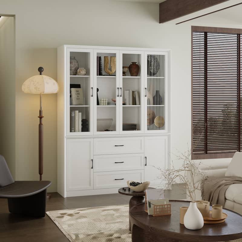 79.6" Tall Glass Display Cabinet, 6-Tier Bookshelf with Drawers