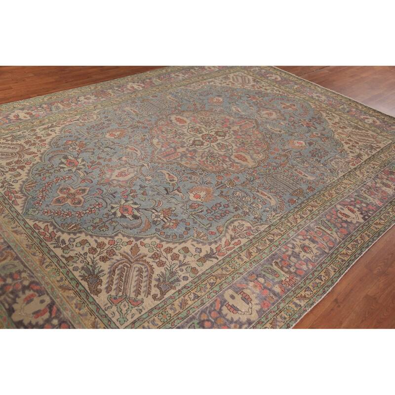 Light Blue Tabriz Persian Area Rug Hand-Knotted Floral Wool Carpet - 8'1"x 11'5"