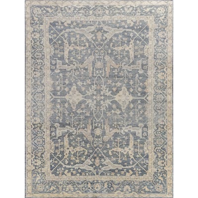 EXQUISITE RUGS Antique Weave Oushak Hand-knotted New Zealand Wool Blue Area Rug.